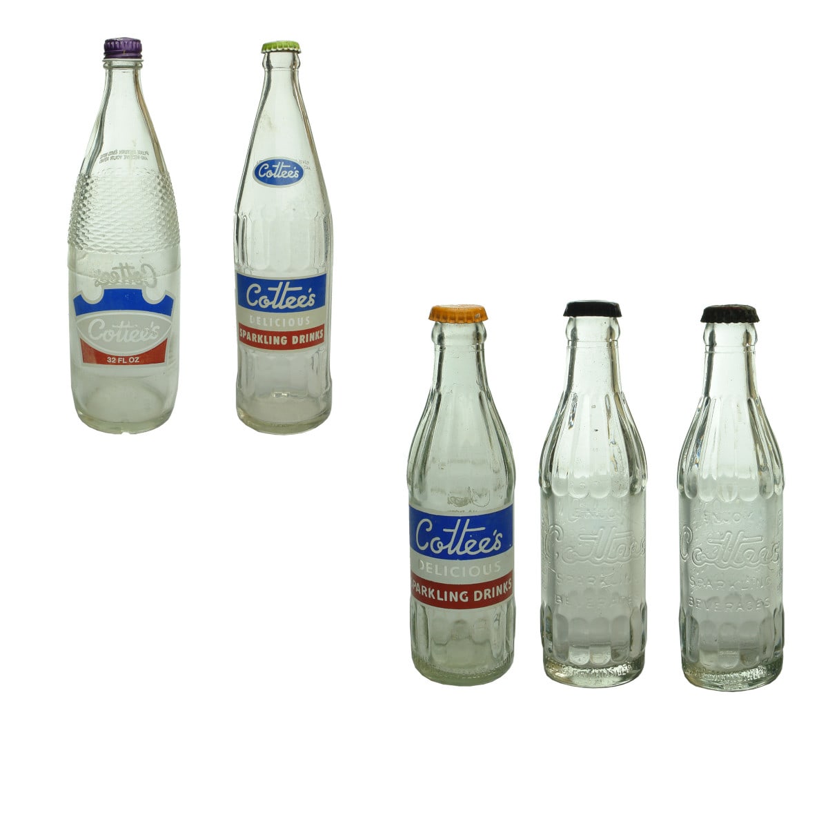 5 Cottees Bottles. 3 x Ceramic Label of different sizes and two embossed. With Cottees caps.