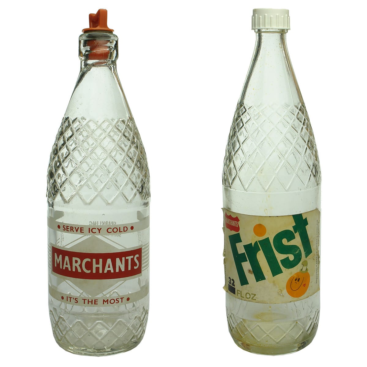 Pair of Marchants Melbourne Bottles. Ceramic Label Internal Thread and Paper Labelled Frist screw top. (Victoria)