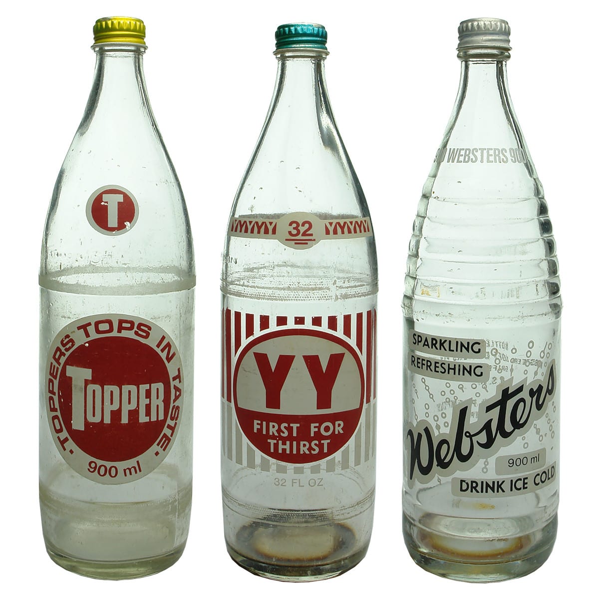 3 Screw top Ceramic Label Soft Drinks. Topper Drinks, Sydney; YY Aerated Water Co., Lambton, Newcastle; Websters, Griffith.  (New South Wales)