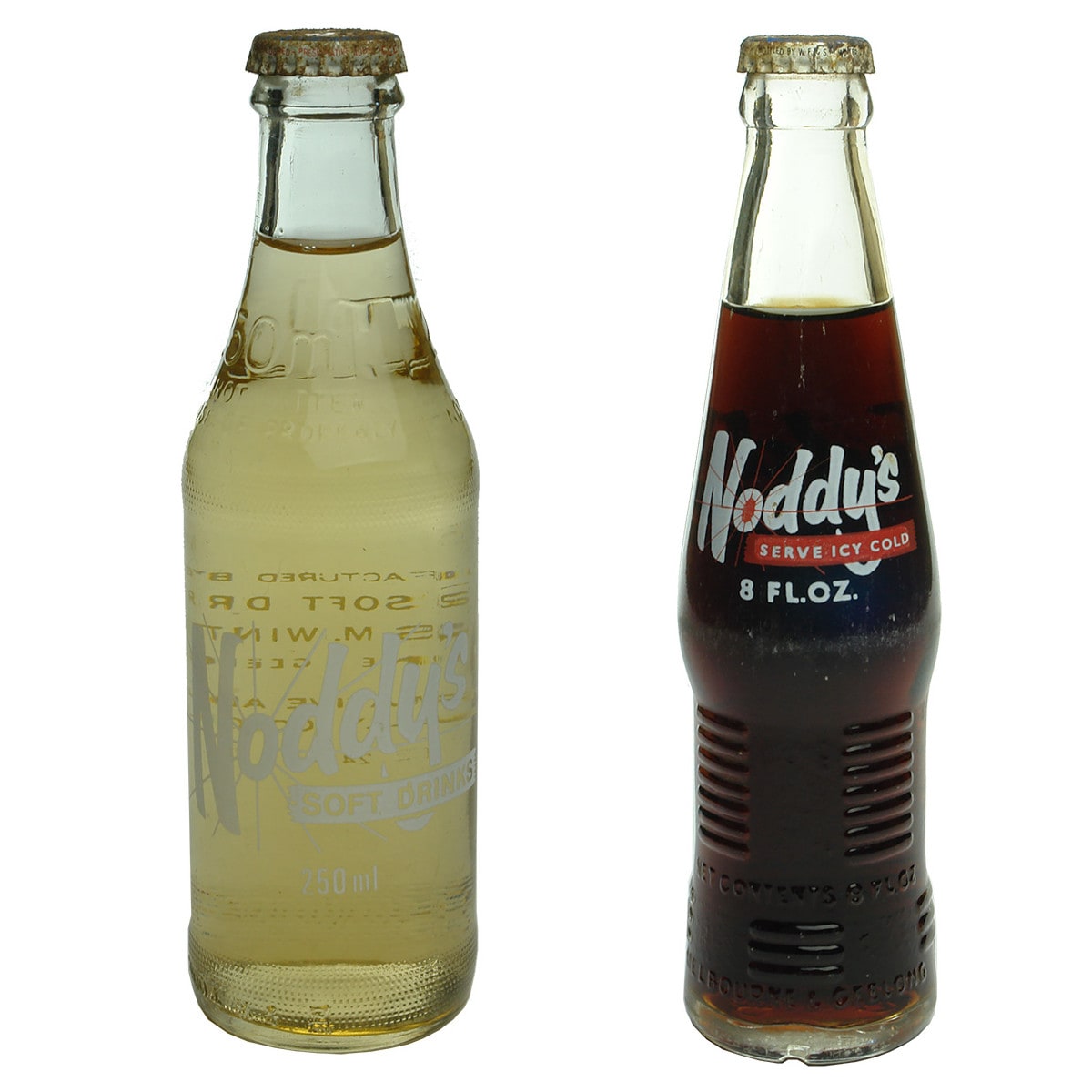 Pair of ceramic labels: Noddy's Soft Drinks, Melbourne & Geelong, 250 ml; Noddy's, Melbourne & Geelong, 8 oz. (Victoria)