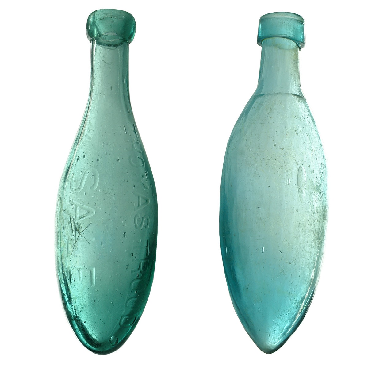 2 Torpedos. 1. Thomas Trood, Sale. Darker Aqua. 10 oz. (Victoria) 2. Plain square collared type. Bluish colour. Distinct mould line around neck. Very light glass.