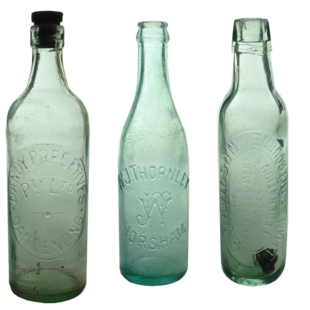 3 Aerated Water Bottles. Dandy Preserves Pty Ltd, Dandenong. Machine top; W. J. Thornley, Horsham Crown Seal; G. Davidson, Federation, Melbourne Lamont. (Victoria)