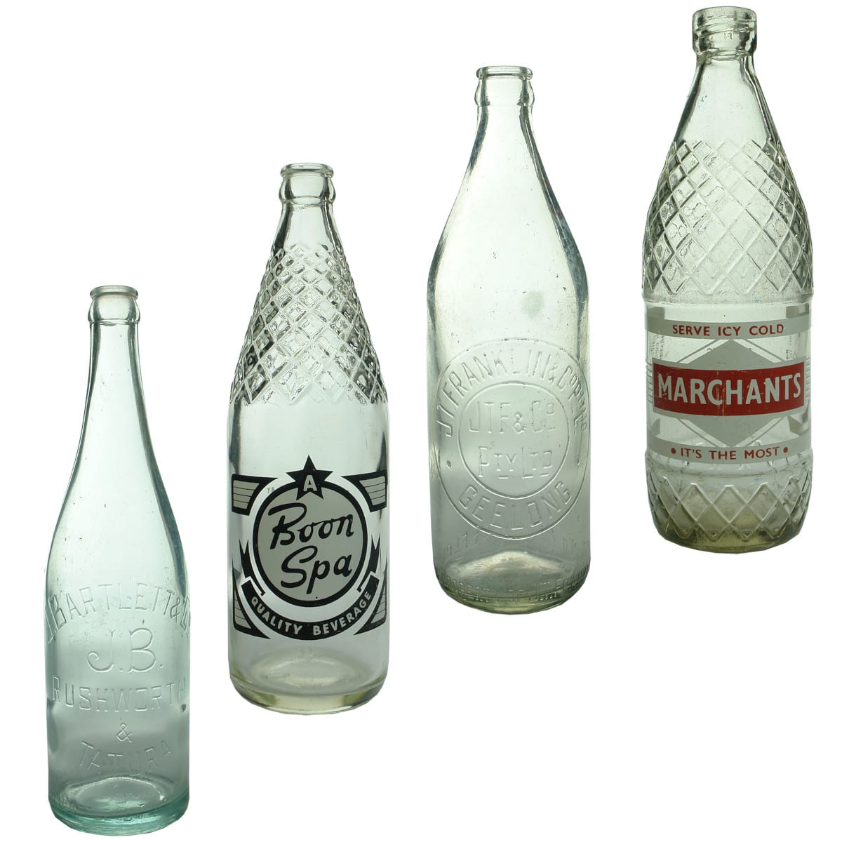 4 Bottles. J. Bartlett & Co., Rushworth & Tatura; Boon Spa Melbourne ceramic label; J. T. Franklin & Co Ltd Geelong; Marchants Melbourne. (Victoria)