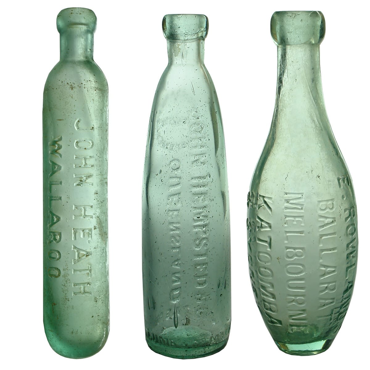 3 Aerated Waters: John Heath Wallaroo maugham; John Hempsted & Co Queensland stick bottle; E. Rowlands skittle.