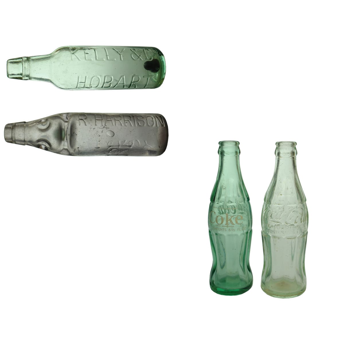 4 Aerated Water Bottles: Harrison, Fitzroy Codd; Kelly & Co., Hobart Lamont; 2 x Coke Coca Cola Crown Seals.