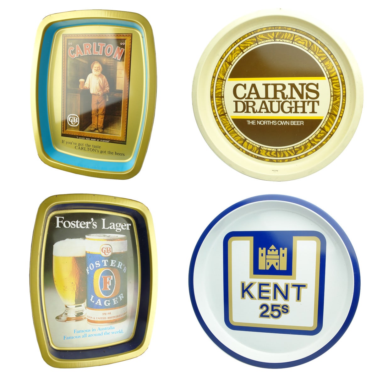 4 Serving Trays. Carlton; Cairns Draught; Foster's Lager & Kent 25s.