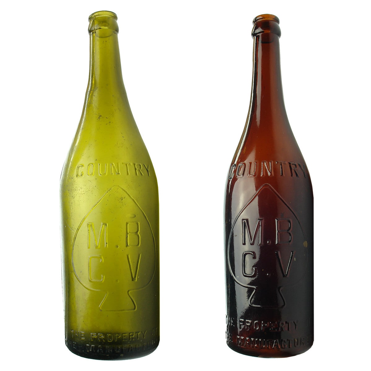 2 Beers. M. B. C. V. Country. Crown Seal. Olive & Dark Amber. 26 oz. (Victoria)