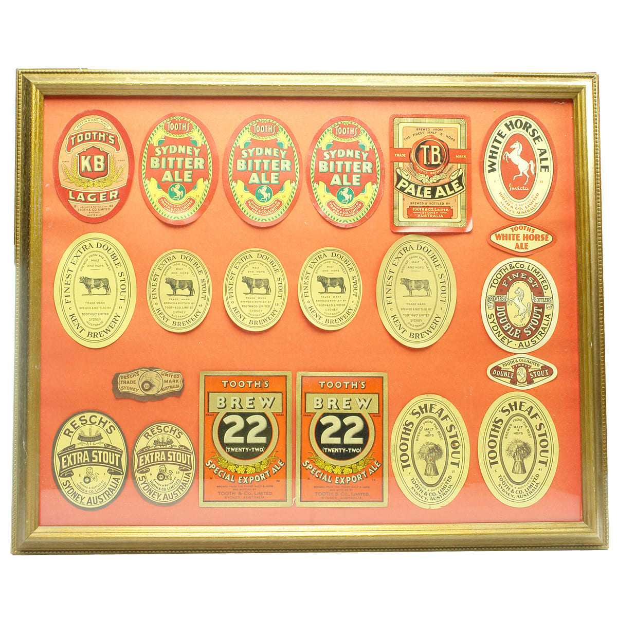 Beer. 21 Tooth's and Resch's Beer Labels Mounted in a Frame. (New South Wales)