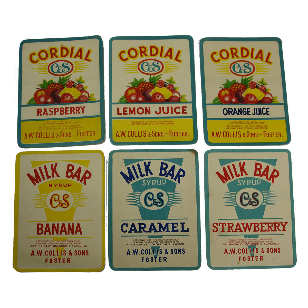 6 Labels. A. W. Collis & Sons Foster. 3 Milk Bar Syrup. 3 Cordial. (Victoria)
