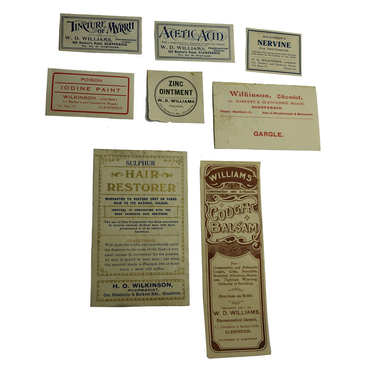 8 Chemist Labels. Combination of H. O. Wilkinson and W. D. Williams, Barkers Rd., Glenferrie. Hair Restorer, Cough Balsam and more. (Victoria)