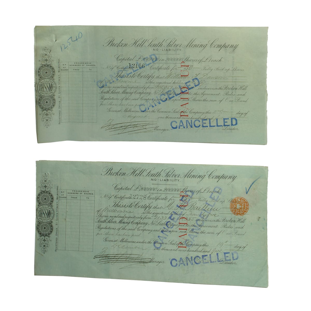 6 Share Certificates. Broken Hill South Silver Mining Company. (New South Wales)