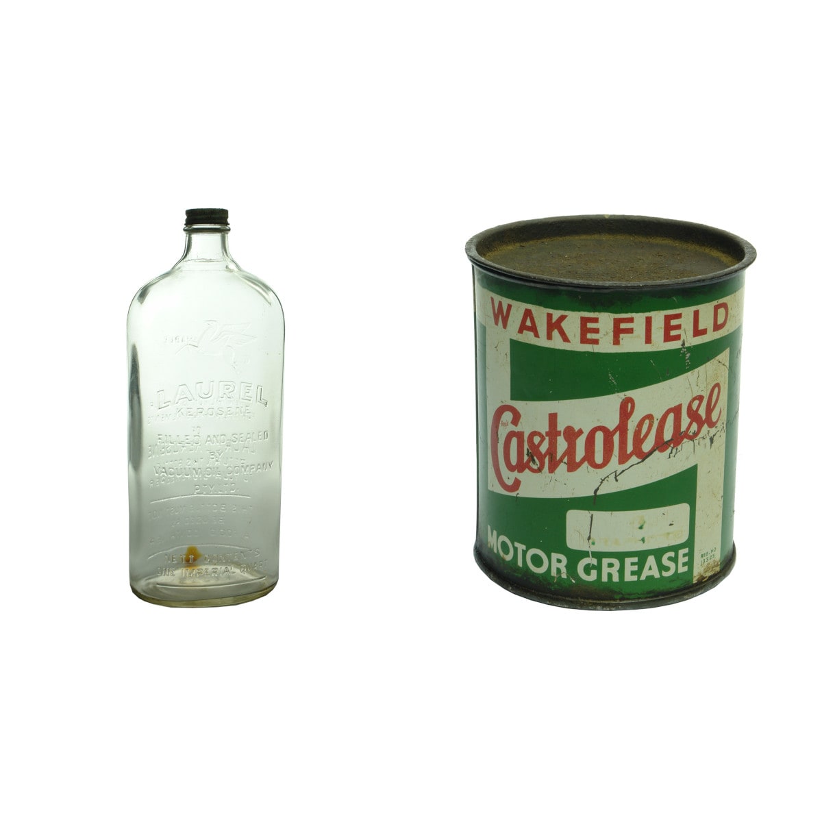 Garaganalia. Laurel Kerosene, Quart Bottle and Wakefield Castrolease Grease tin.