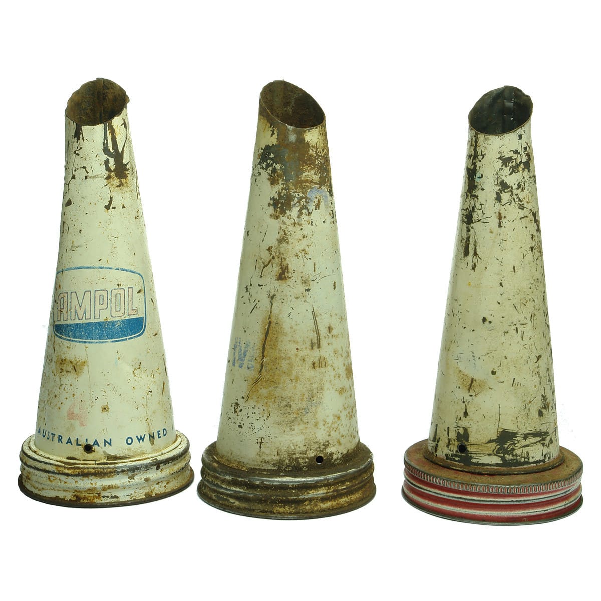 Garagenalia. Three tin oil bottle pourers: AMPOL; Mobil; Plain.