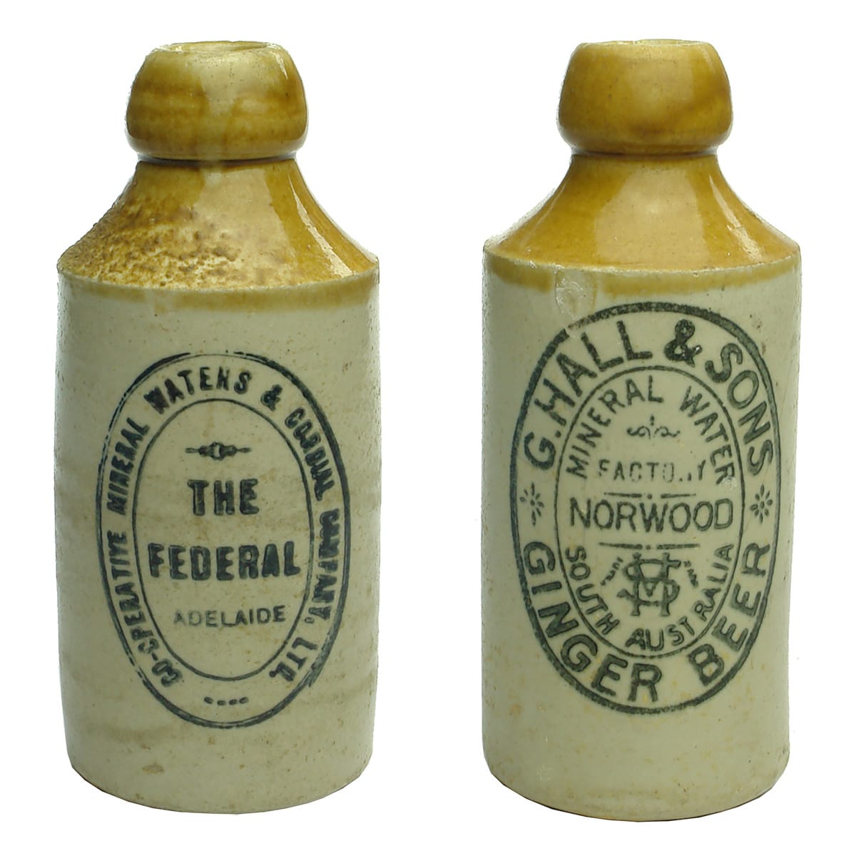 2 Ginger Beers. The Federal, Adelaide; G. Hall & Sons, Mineral Water Factory, Norwood. (South Australia)