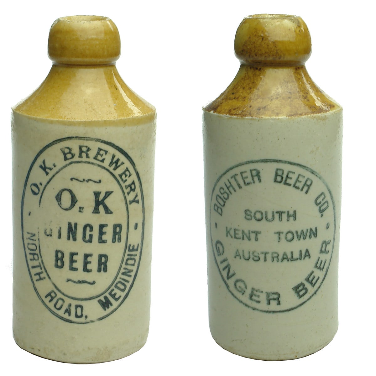 2 Ginger Beers. OK Brewery, Medindie; Boshter Beer Co., Kent Town. (South Australia)