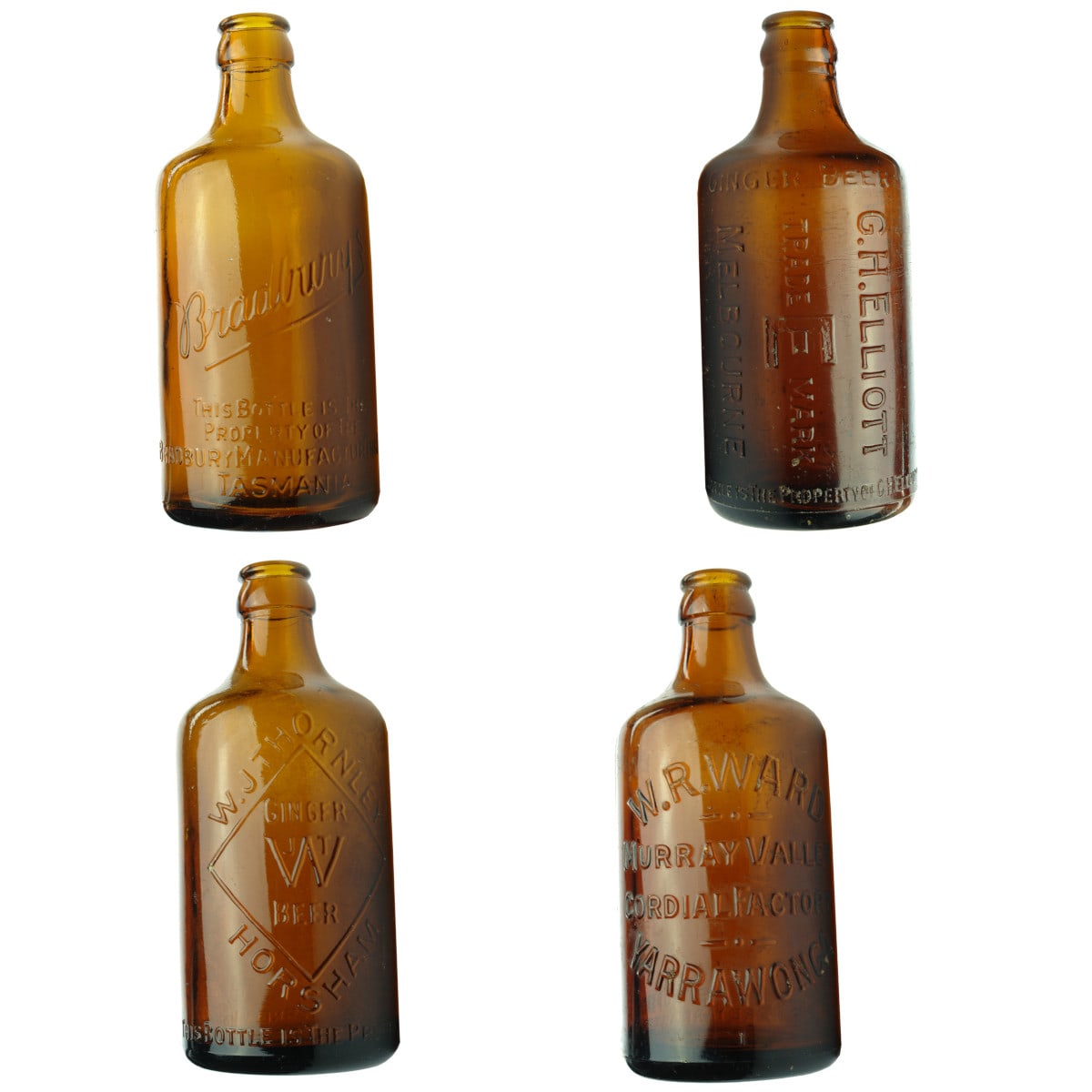 4 Crown Seal Glass Ginger Beers. Bradbury's, Tasmania; G. H. Elliott, Melbourne; W. J. Thornley, Horsham; W. R. Ward, Yarrawonga.