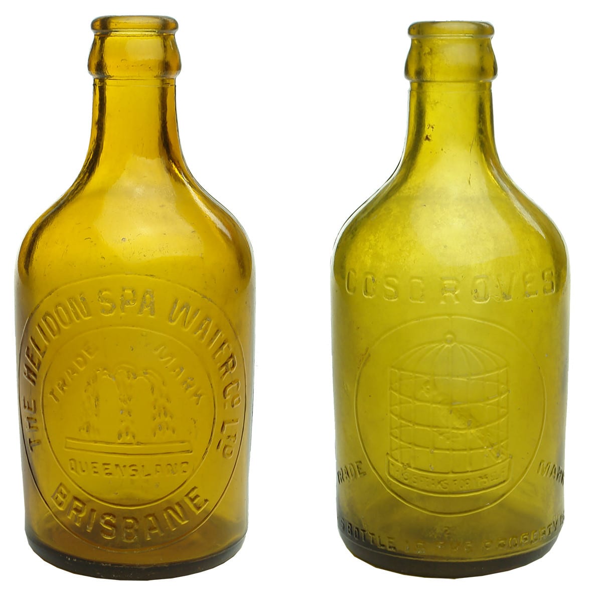 2 Crown Seal Glass Ginger Beers. Helidon Spa Water Co Ltd, Brisbane. Fountain; Cosgroves, Brisbane. Parrot in Cage. Yellow Amber. (Queensland)