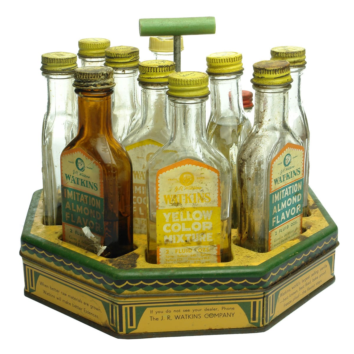Essence Display Holder. Watkins. 12 bottle tin holder. With bottles. Also one Dickins Geelong essence bottle.