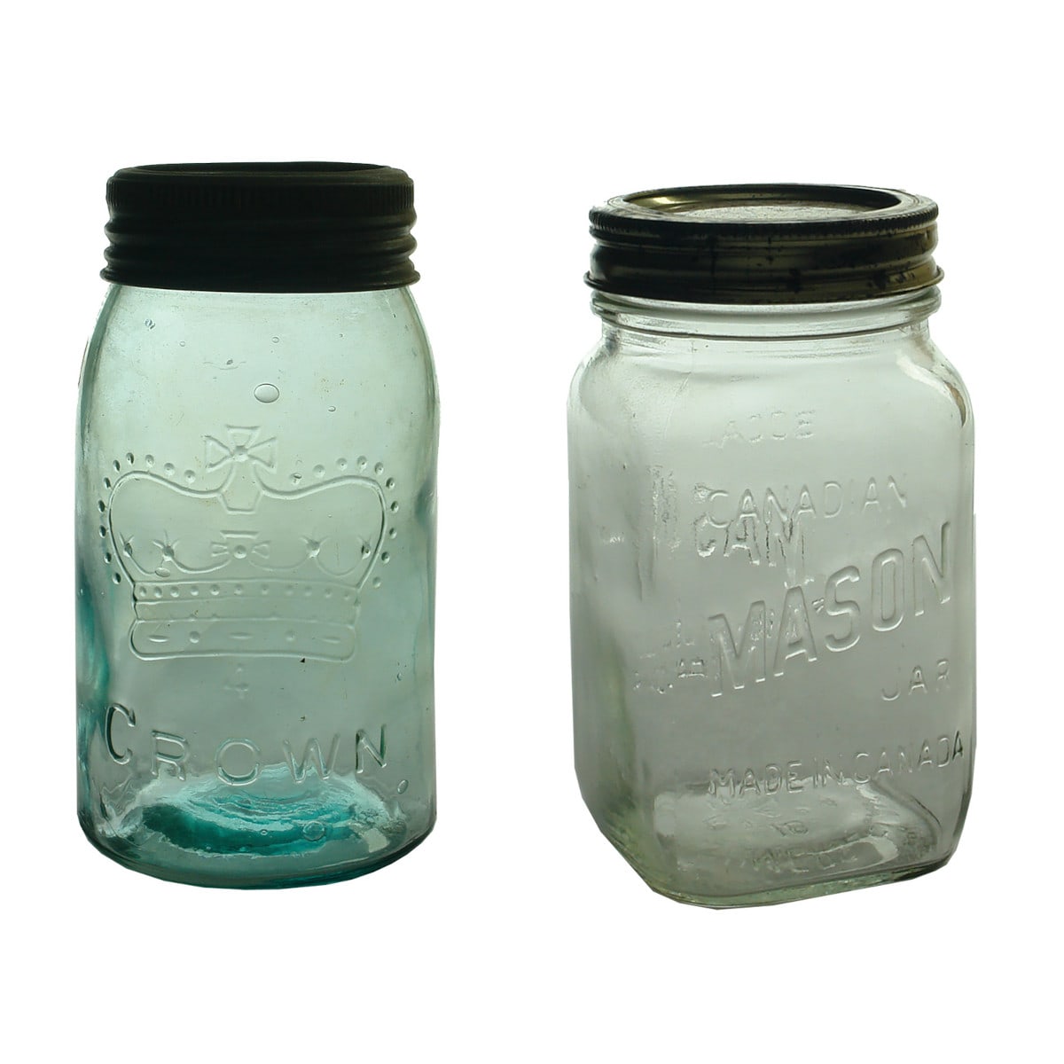 Pair of Mason type Fruit Jars: Crown with Crown glass insert lid. Bocal Canadian Mason Jar. Bernardin Snap Lid.