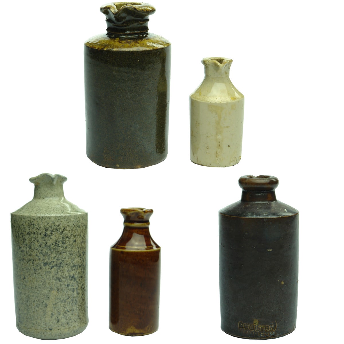 Five stoneware inks with pouring lips. Tiny up to about 10 oz. Fowler; Bendigo Pottery; Doulton; 2 unmarked.