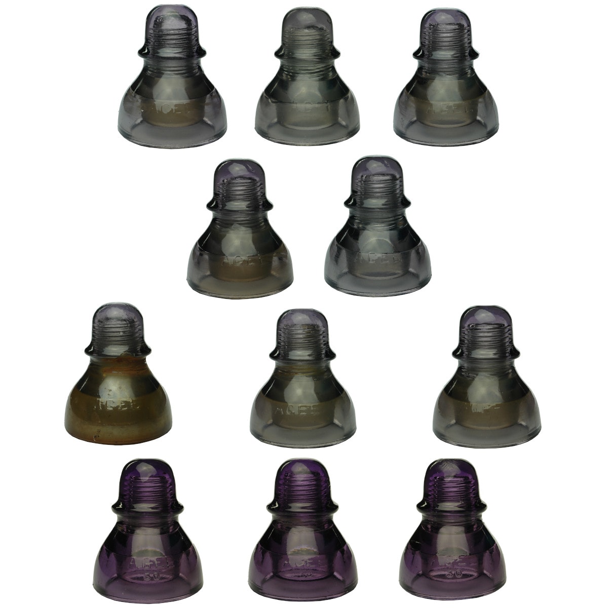 11 Insulators. CD490. 8 x Type 2, 3 x Type 3.  Agee. Light Amethyst to Dark Amethyst. (Australia)