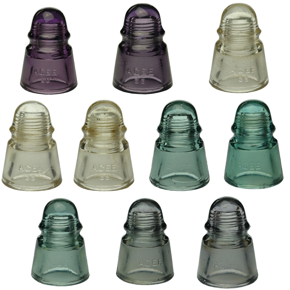10 Insulators. Agee. (various numbers: 30, 33, 38 and no main number). CD422. Sun Coloured Amethyst, Clear, Aqua & Grey. (Australia)