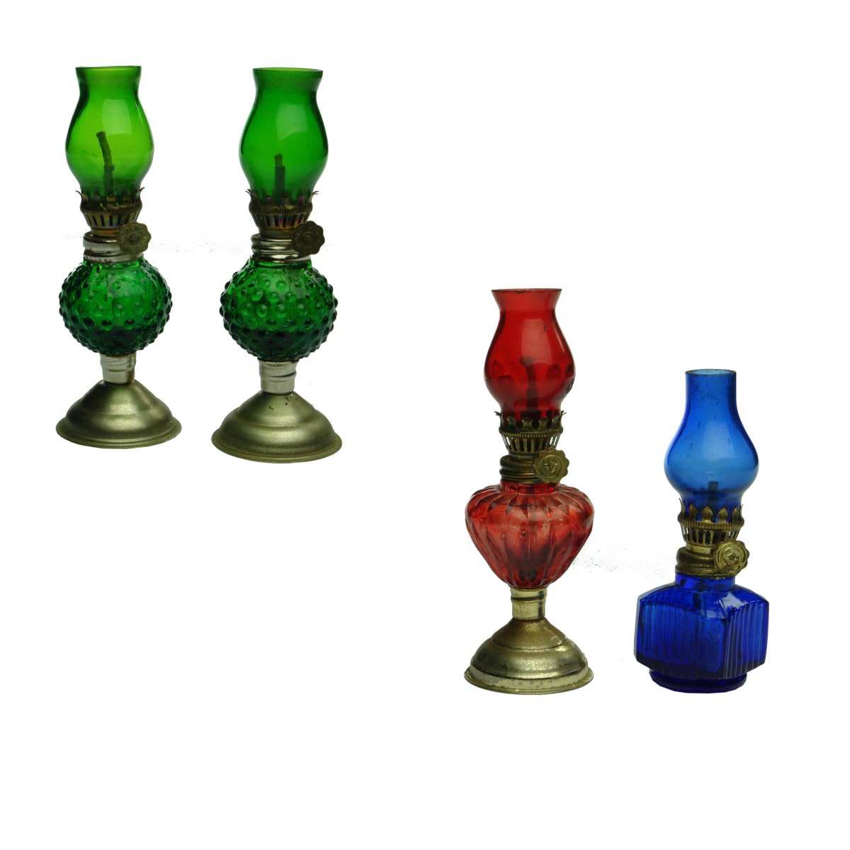 Four Mini Lamps. 2 x Green; Ruby and Cobalt Blue. Brass fittings. Blue with Made in Hong Kong.