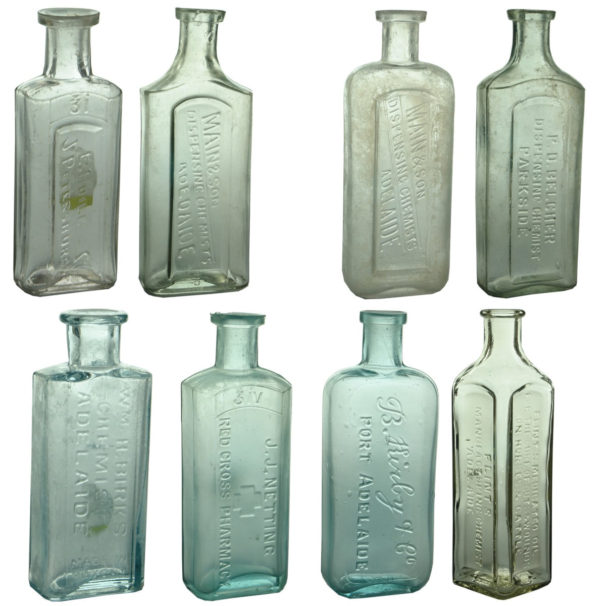 8 South Australian Chemist Bottles: E. Hoile, Petersburg; Main & Son Adelaide; P. D. Belcher, Parkside; Wm H. Birks; J. J. Netting; B. Kirby & Co; Flint's Medicated Oils. (South Australia)