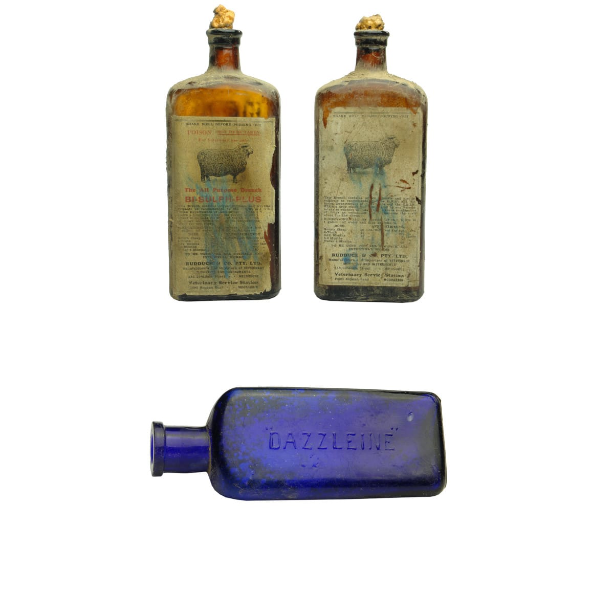 3 Bottles: 2 x Animal Cure. Rudduck & Co. Pty. Ltd. All Purpose Drench Bottles, Point Nepean Road, Moorabbin. Amber. 12-16 oz. (Victoria) Polish. Dazzleine. Cobalt. 2 oz.
