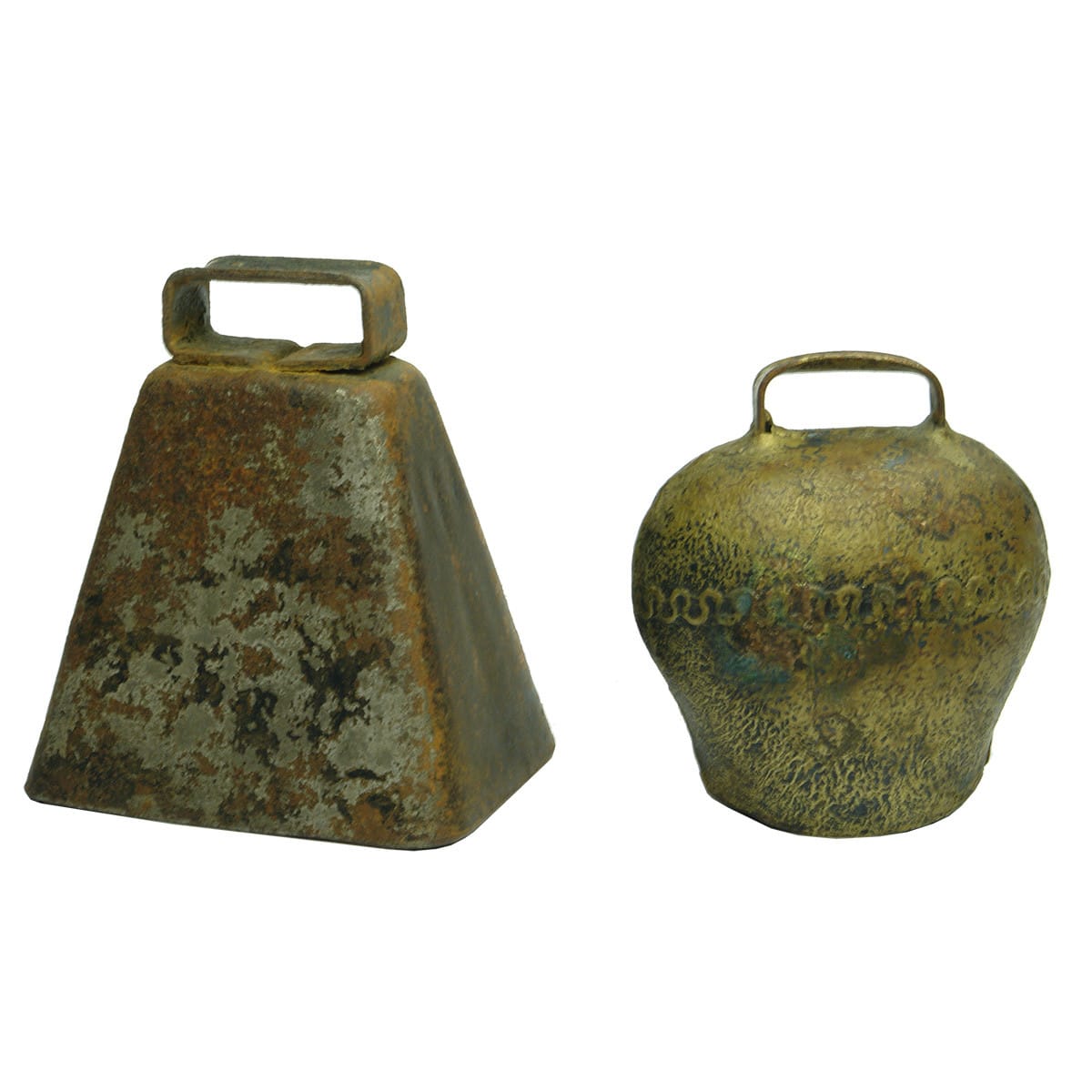 Pair of Cow Bells: Medium Squarish one and small brass one with squiggled pattern.