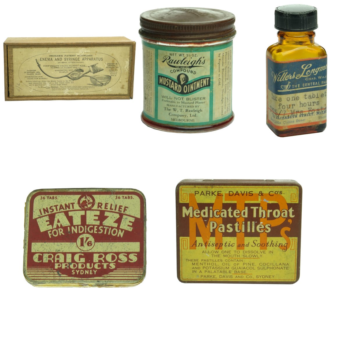 5 Medical type items: Ingram's Seamless Enema; Rawleigh's Mustard Ointment; Willers Longmore labelled bottle; Eateze, Craig Ross, Sydney; Parke Davis Medicated Throat Pastilles.