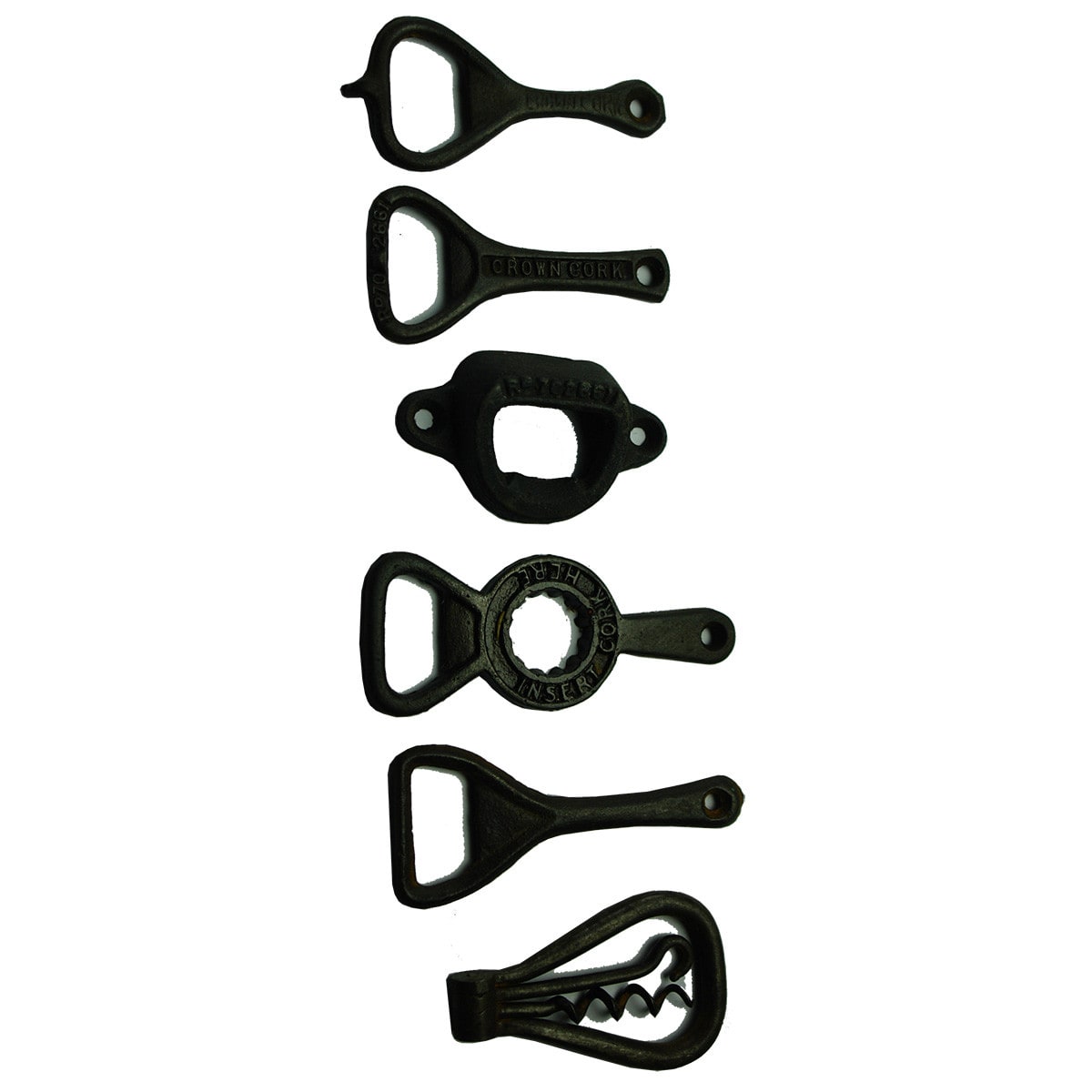 6 Cast Iron Crown Seal Openers & Corkscrew. Counter mounted one and five other types.