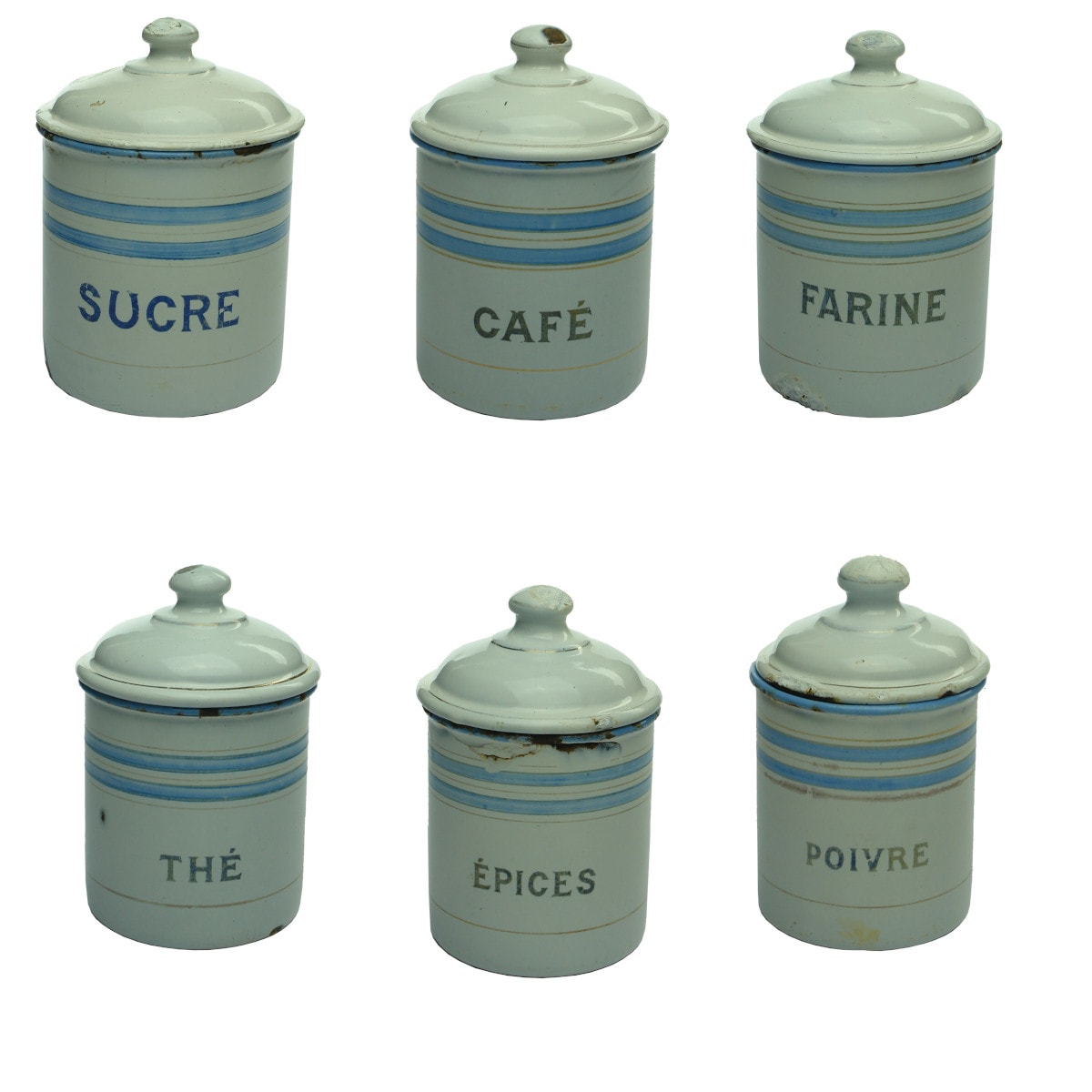 Set of six French Enamel lidded Kitchen jars. Light blue & white. Contents on front.