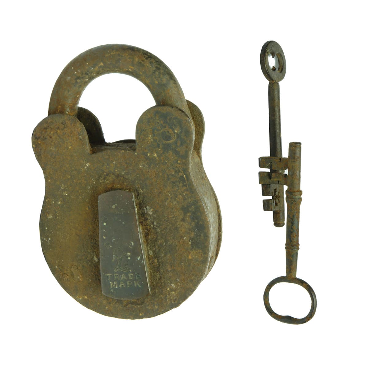 Miscellaneous. Padlock with man's head and two old keys.