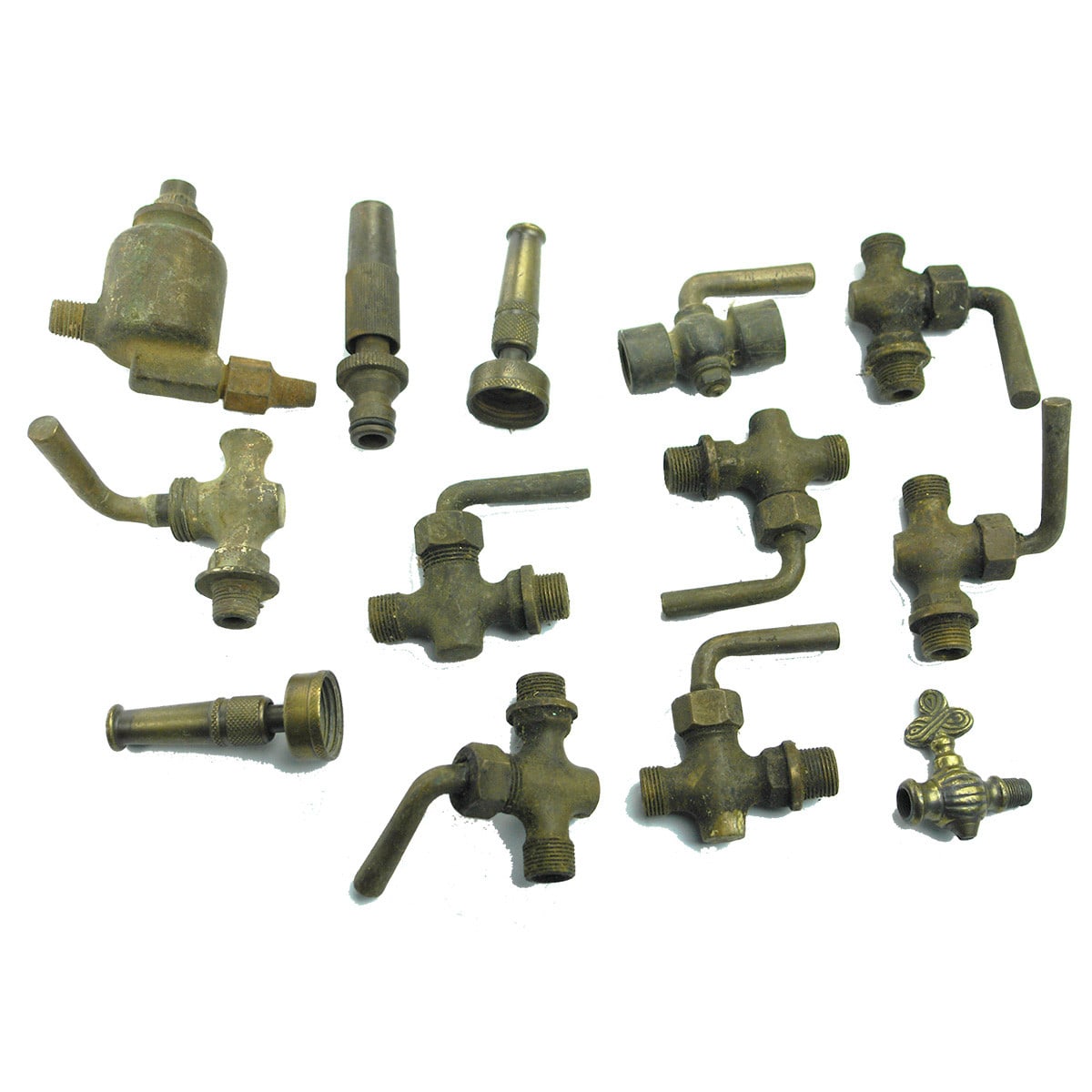 13 Brass and Cast Iron taps, connectors, hose ends.
