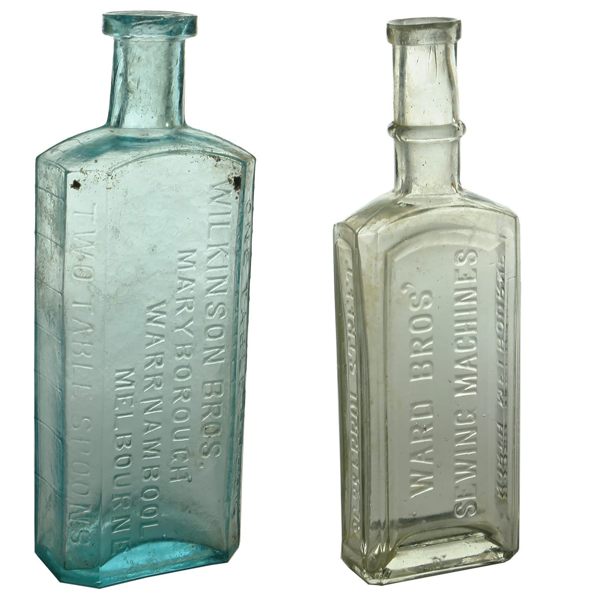 2 Bottles. 1. Wilkinson Bros., Maryborough, Warrnambool & Melbourne. 2. Ward Bros, Errol Street, North Melbourne. Clear. 3 oz. 165 mm. (Victoria)