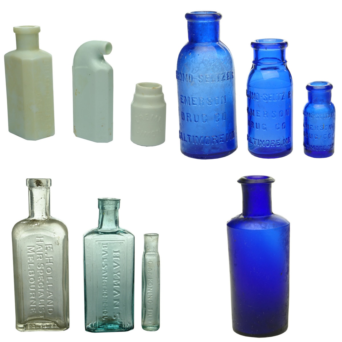 10 Bottles: 3 x Milk Glass; 3 different Bromo-Seltzers; Holland; Hayman's; De Koning; Cobalt Cylinder.
