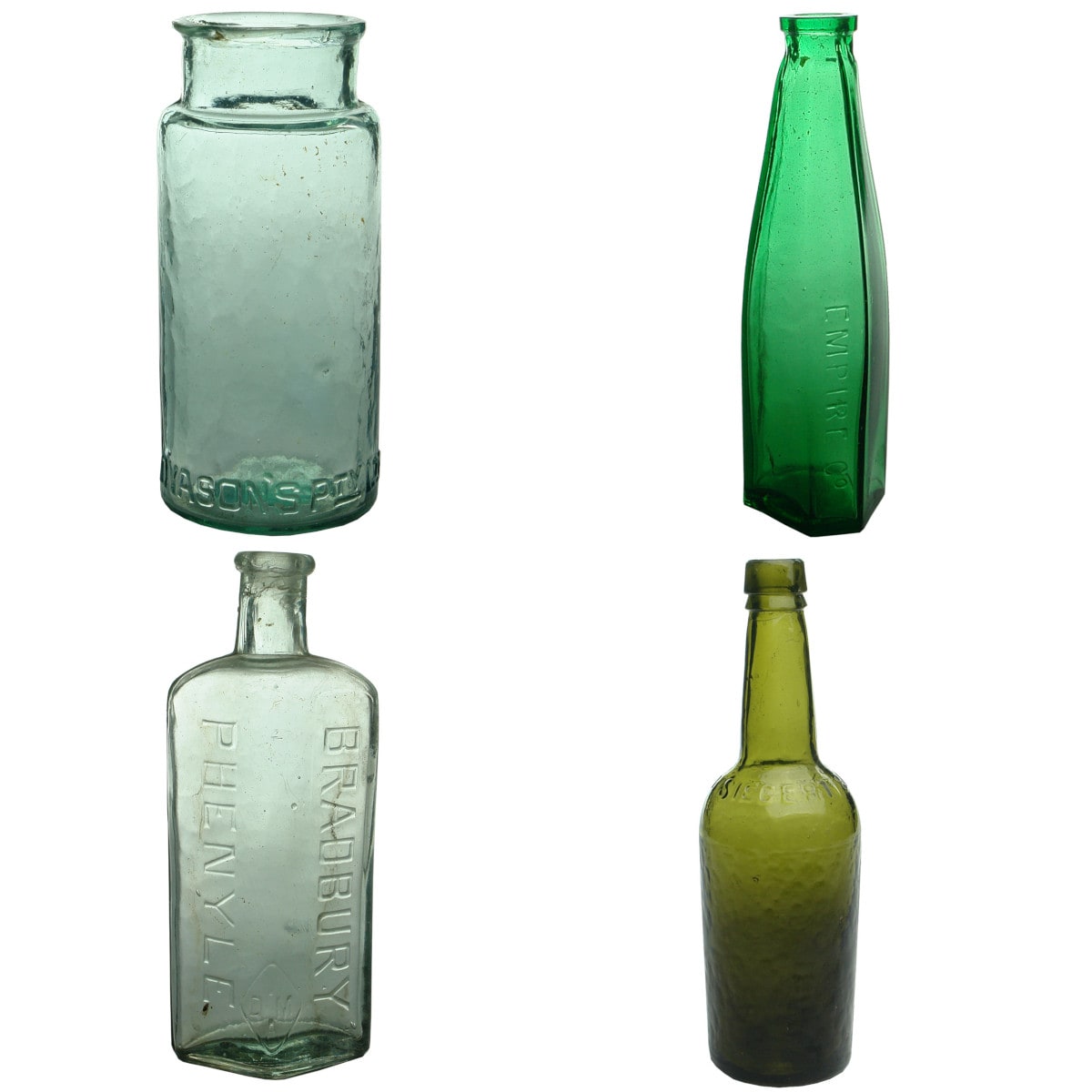 4 Bottles. Dyason's Pty Ltd Jar; Empire Co.; Bradbury Phenyle; Siegert & Hijos Angostura Bitters.