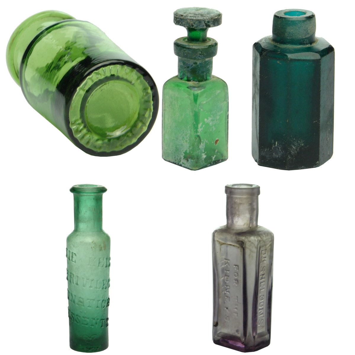 5 Bottles: Linum Catharticum; Ether Dropper; Eight sided scent bottle; Altona Drops; Dr Sheldon's Gin Pills.