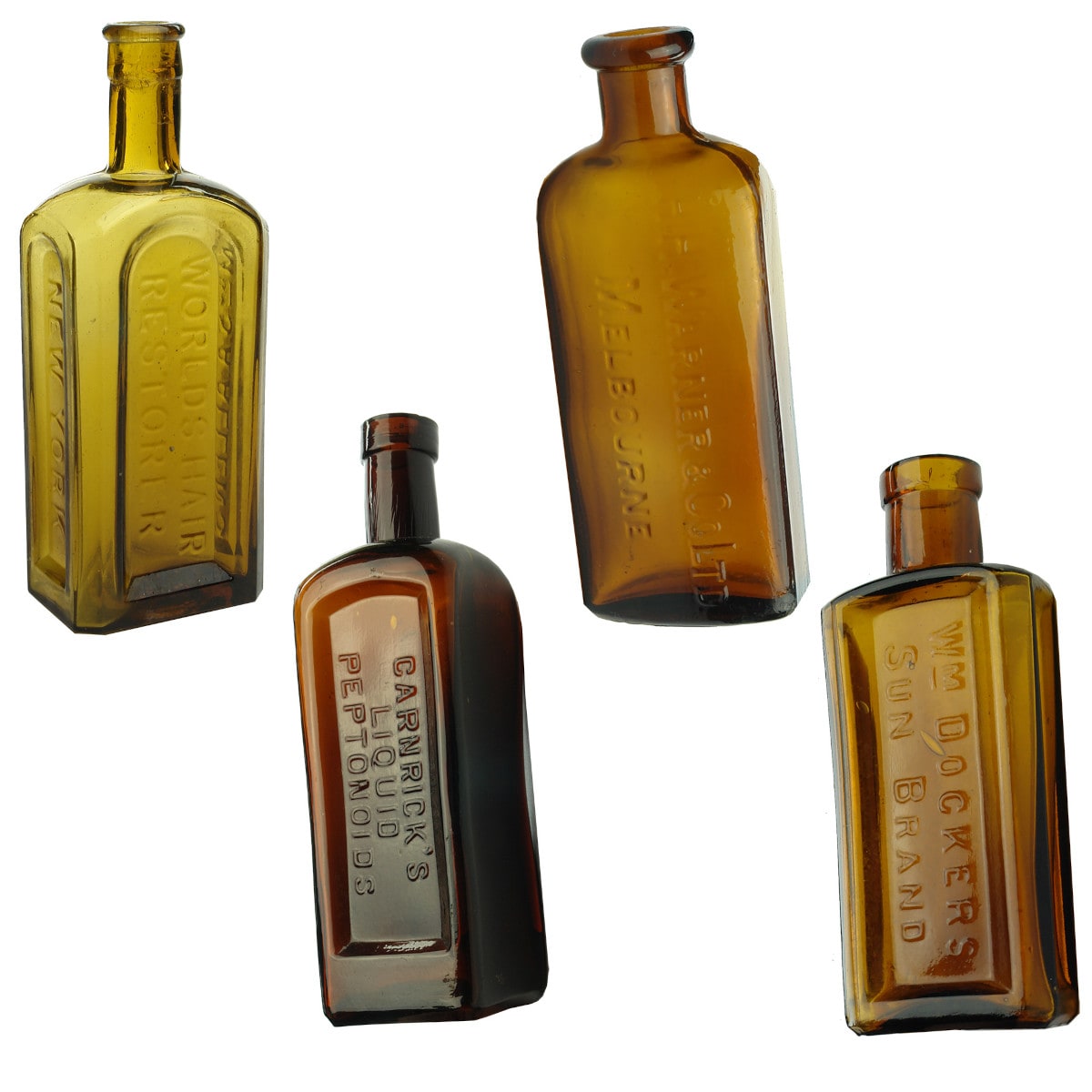 4 Amber Bottles: Mrs S. A., Allen's World Hair Restorer; Carnrick's Peptonoids; Warner & Co Melbourne; Wm Docker's Sun Brand.