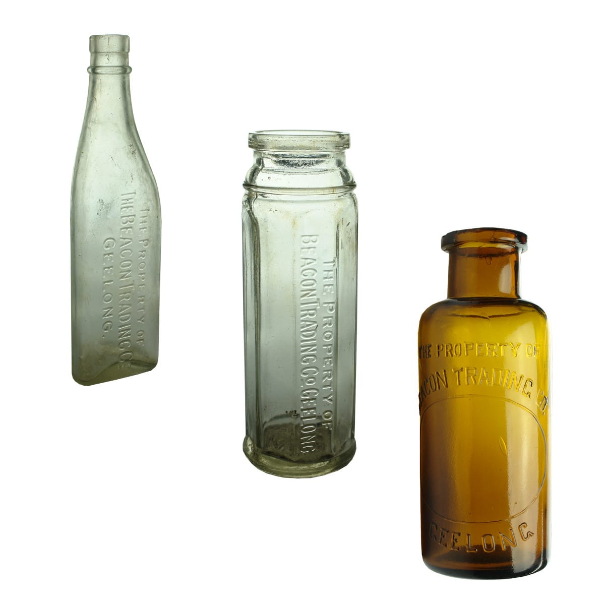 Miscellaneous. Three Beacon, Geelong items: Clear 13 oz Meythlated Spirits; Elongated Octagonal Wide Mouth Jar; Amber Salts or Similar Jar. (Victoria)