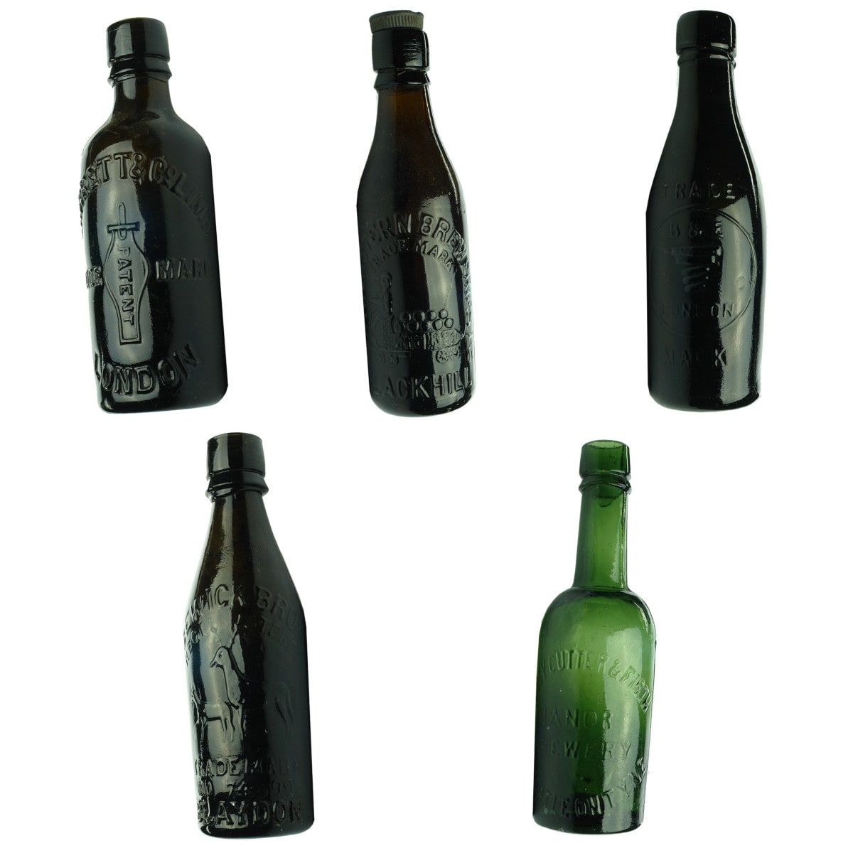 5 English Bottles. Barrett & Co Limd, London; North Eastern Breweries Ltd, Blackhill; Barrett & Elers, London; Bewick Bros, Blaydon; Ridley Cutter & Firth, Newcastle on Tyne.