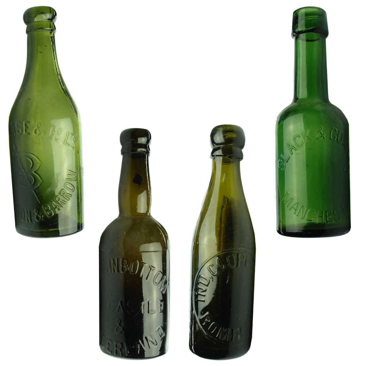4 English Bottles. Case & Co Ltd, Ulverstone & Barrow; Higginbottom, Newcastle & Sunderland; Ind, Cooper & Co Ltd, Romford; Slack & Cox Ltd, Manchester.