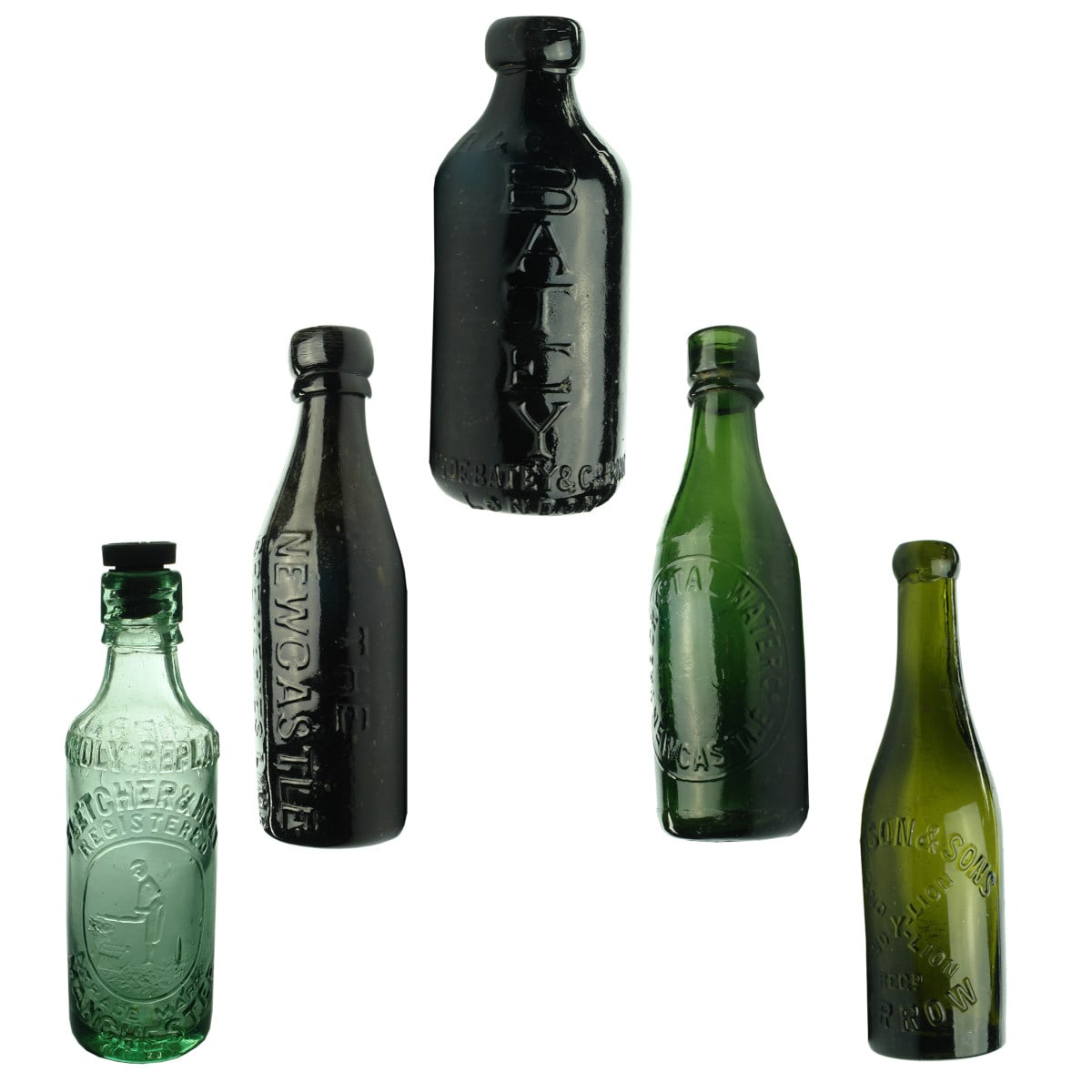 5 English Bottles. The Newcastle Breweries; Batey Suprema; Crystal Water Co, Newcastle; Fletcher & Holt, Manchester; Thomson & Sons, Dandylion, Barrow.