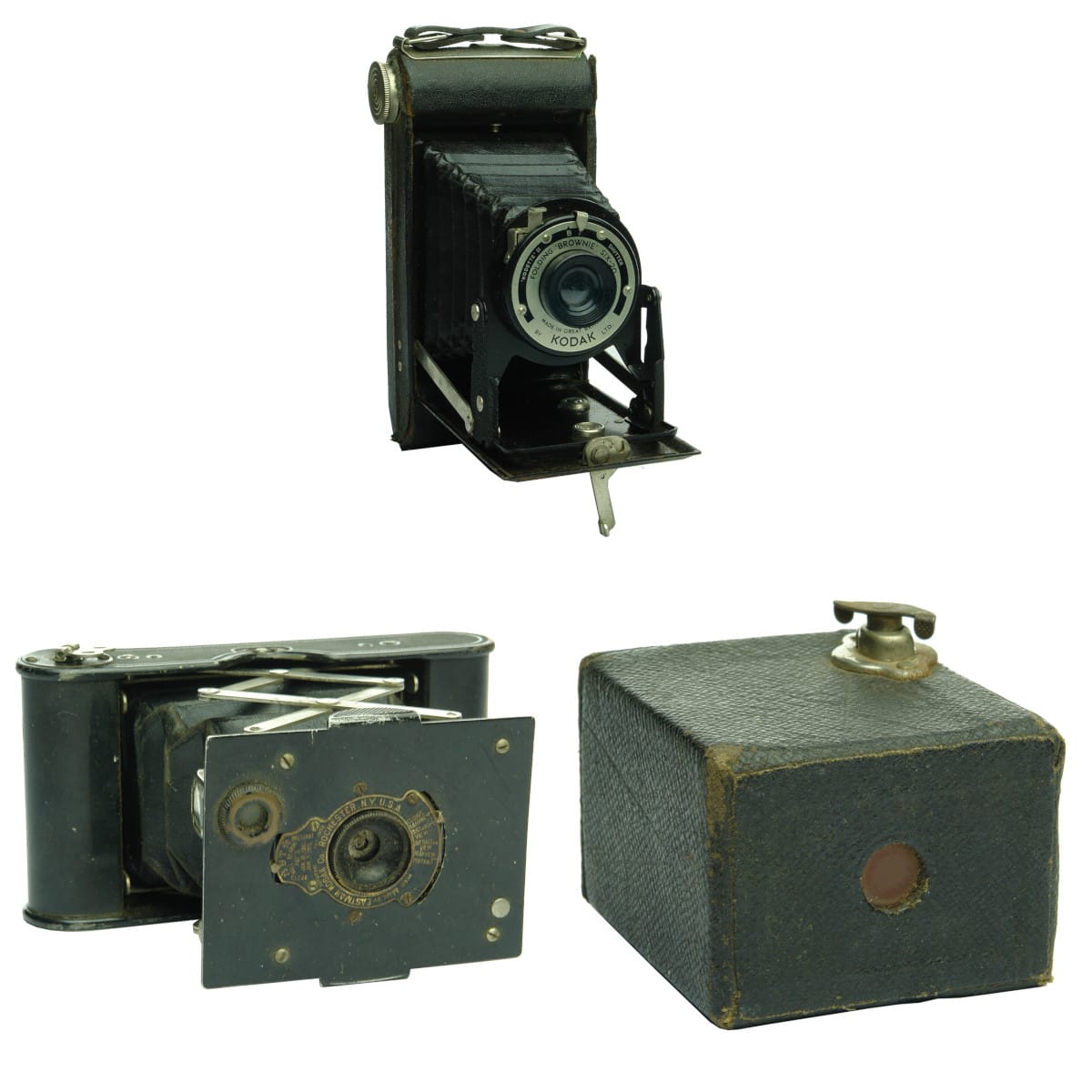 Miscellaneous. Three early cameras: Kodak Folding 'Brownie' Six-20; Eastman Kodak Co., Rochester, N. Y. U. S. A. fold up camera; Eastman Kodak Company No. 00 Cartridge Premo.