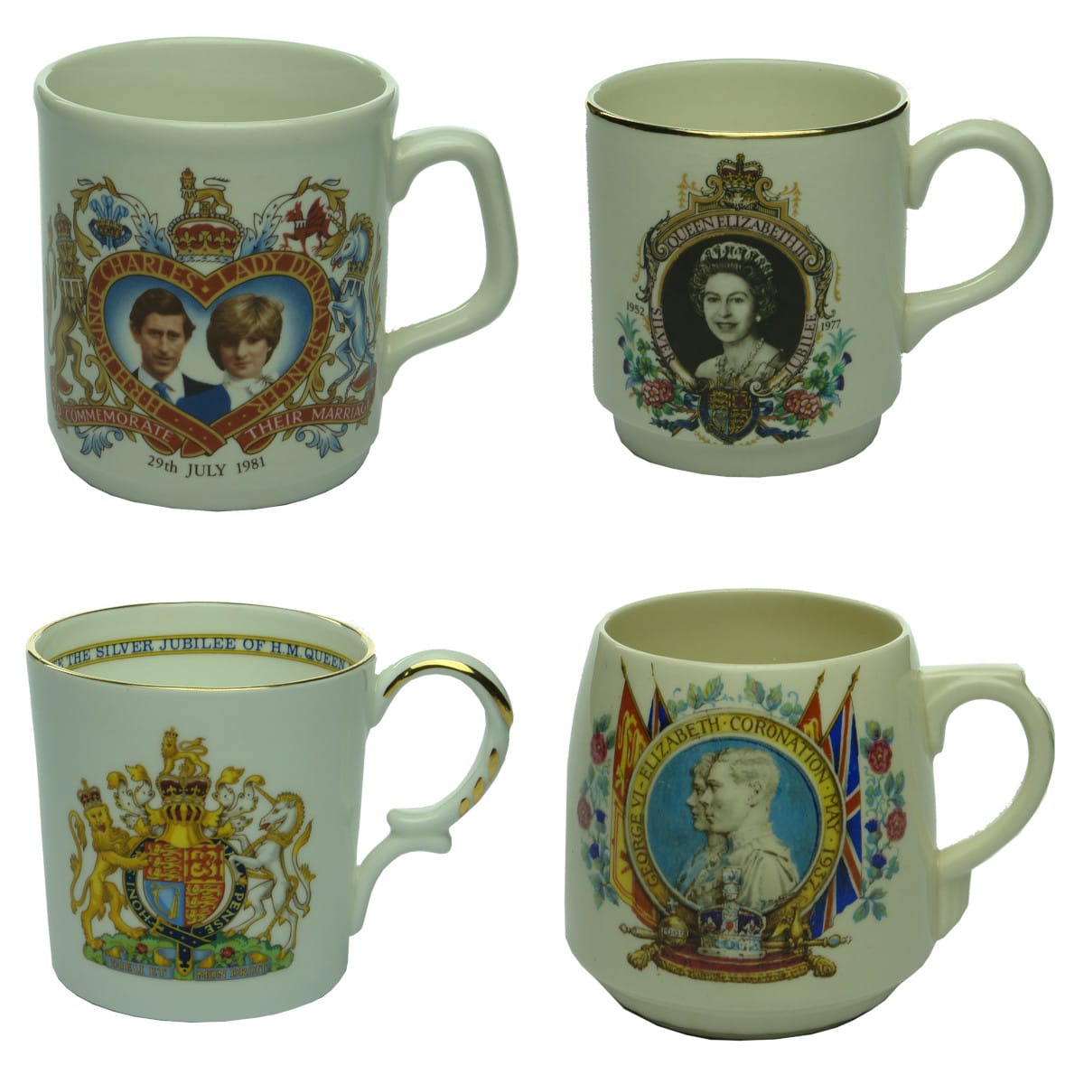 4 Pieces of Coronation Ware. Prince Charles and Lady Diana Spencer Wedding; Queen Elizabeth II Silver Jubilee x 2; George VI Coronation.