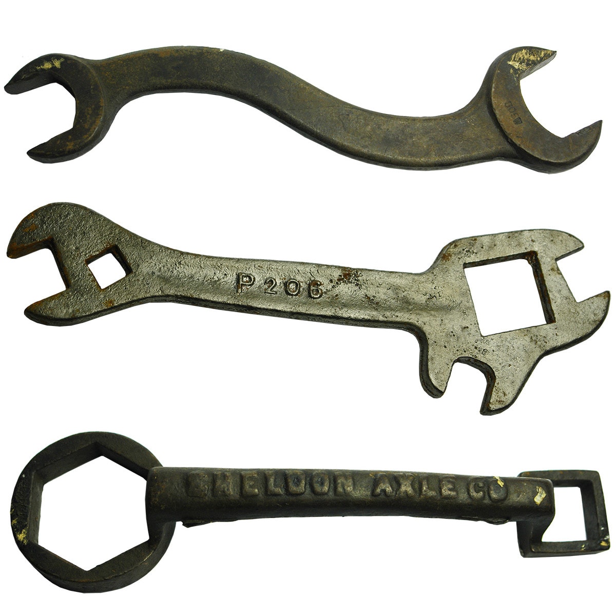 Tools. Three Unusual Tools: Curved Open Ended 305W Spanner; McKay Massey Harris P206 Spanner; Sheldon Axle Co, No. 160 Buggy Wrench.