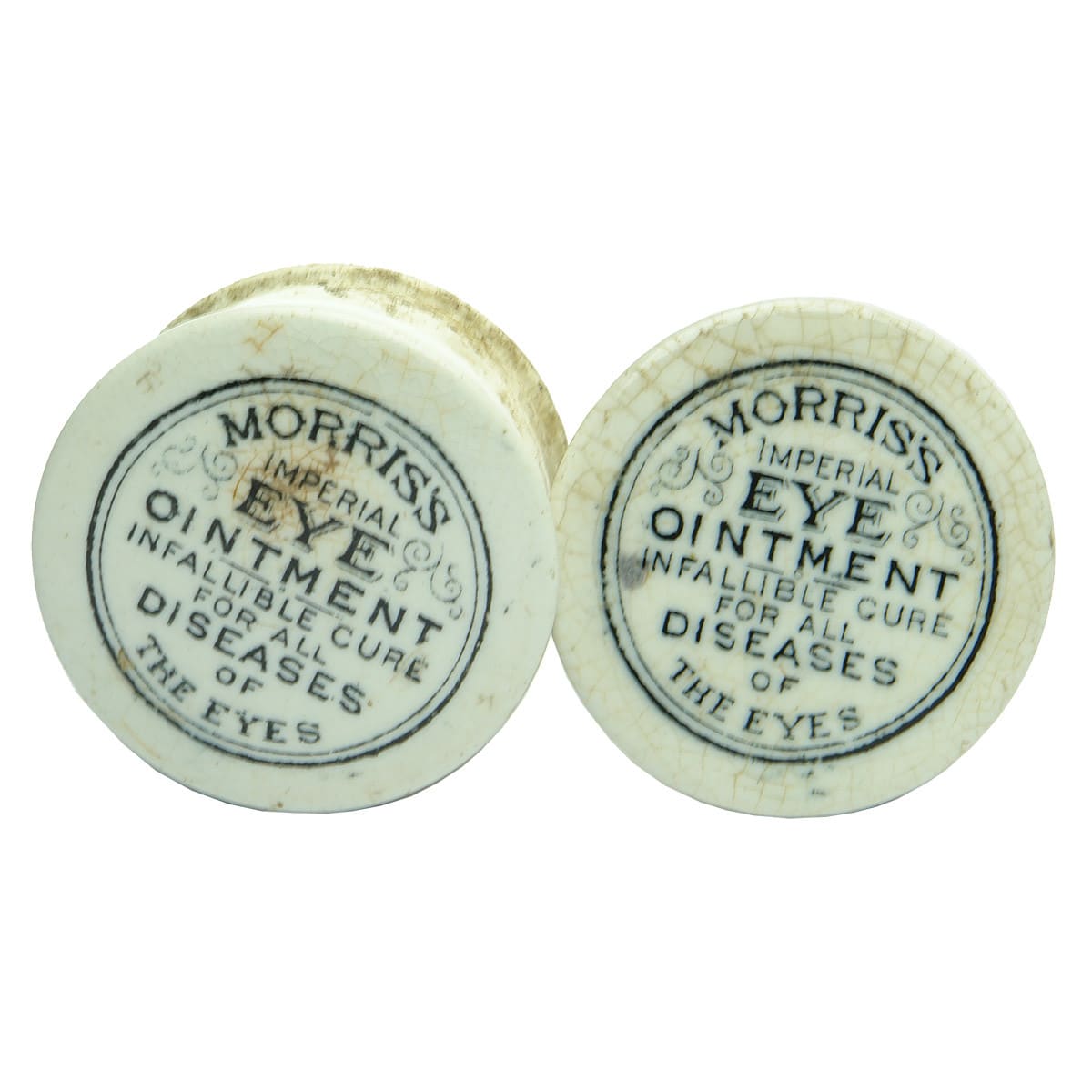 Pair of Pot Lids. Both Morris's Imperial Eye Ointment. One Base. (Melbourne, Victoria)