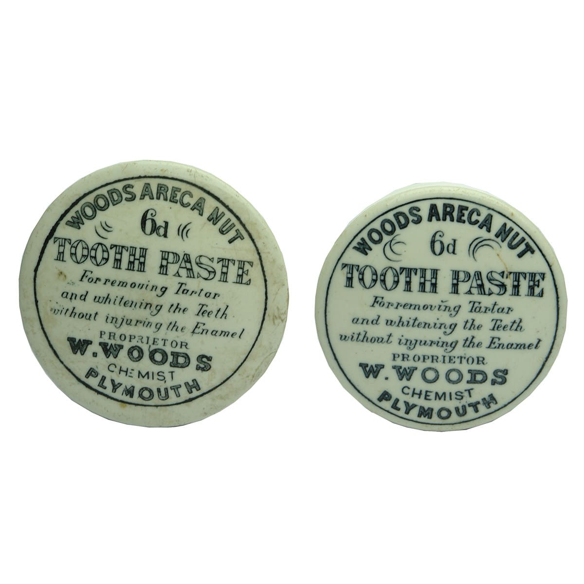 Pot Lids. Two variations of Woods Areca Nut Tooth Paste, Plymouth, 6d. (United Kingdom)