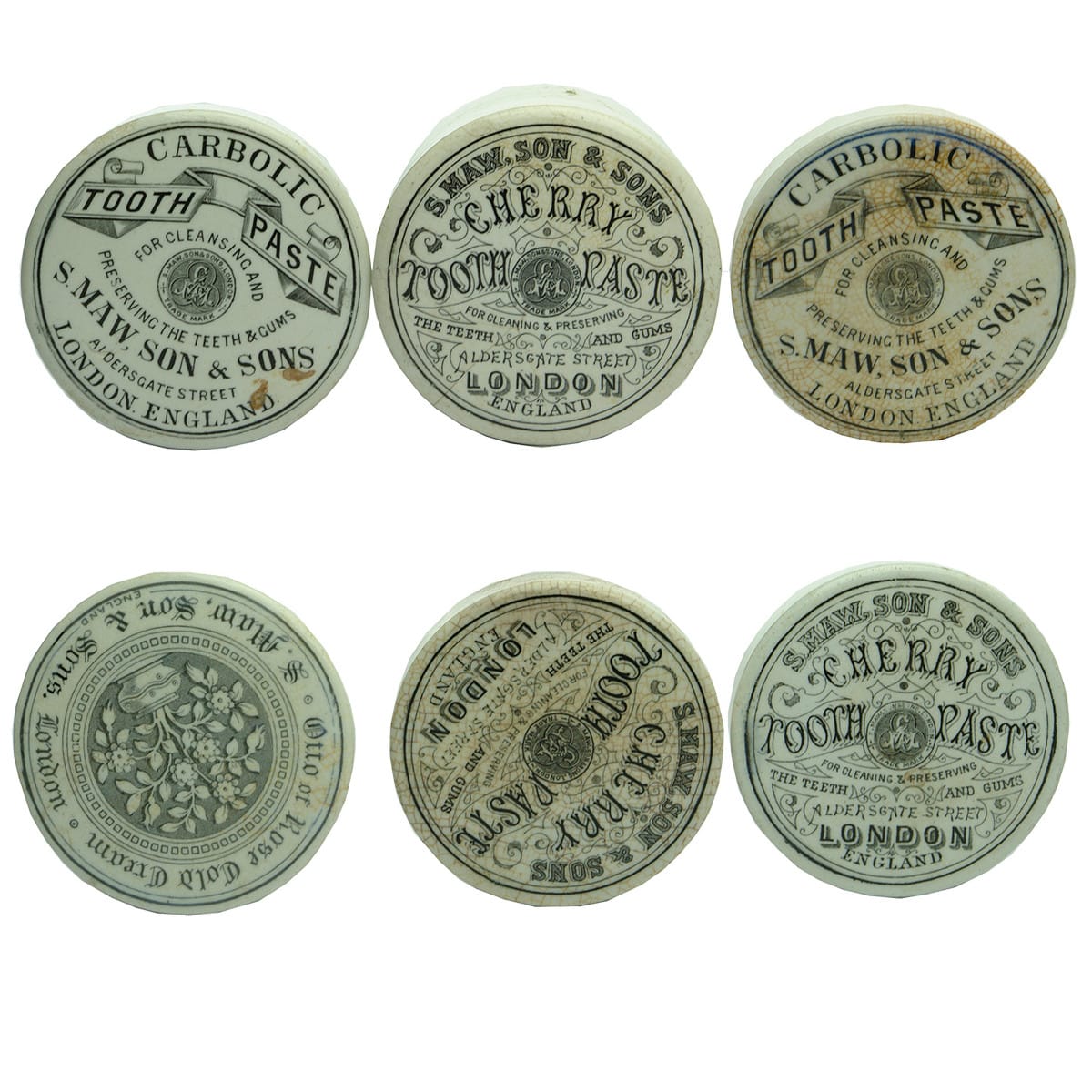 Six S. Maw Son & Sons Pot Lids. 3 x Cherry Tooth Paste; 2 x Carbolic Tooth Paste; 1 Otto of Rose Cold Cream.